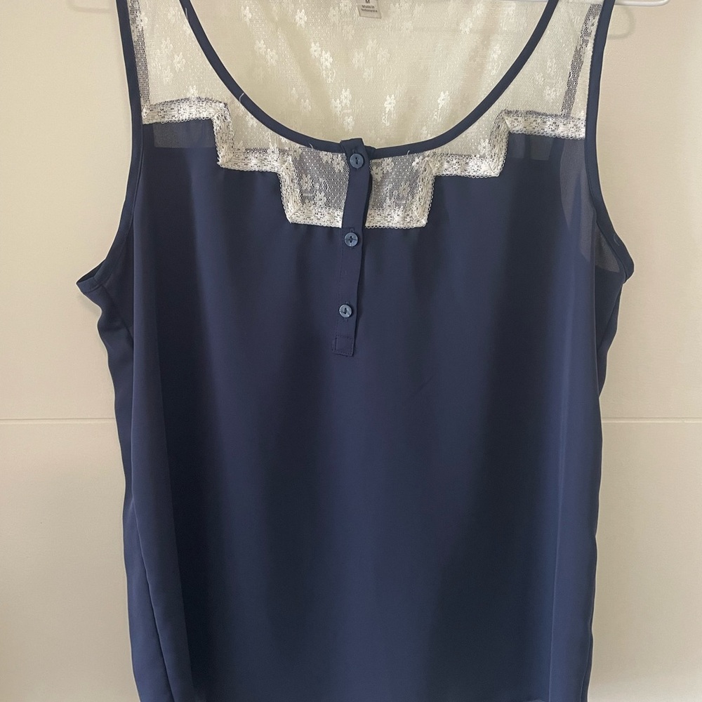 LC Lauren Conrad Navy Blue Lace Accent Blouse Medium